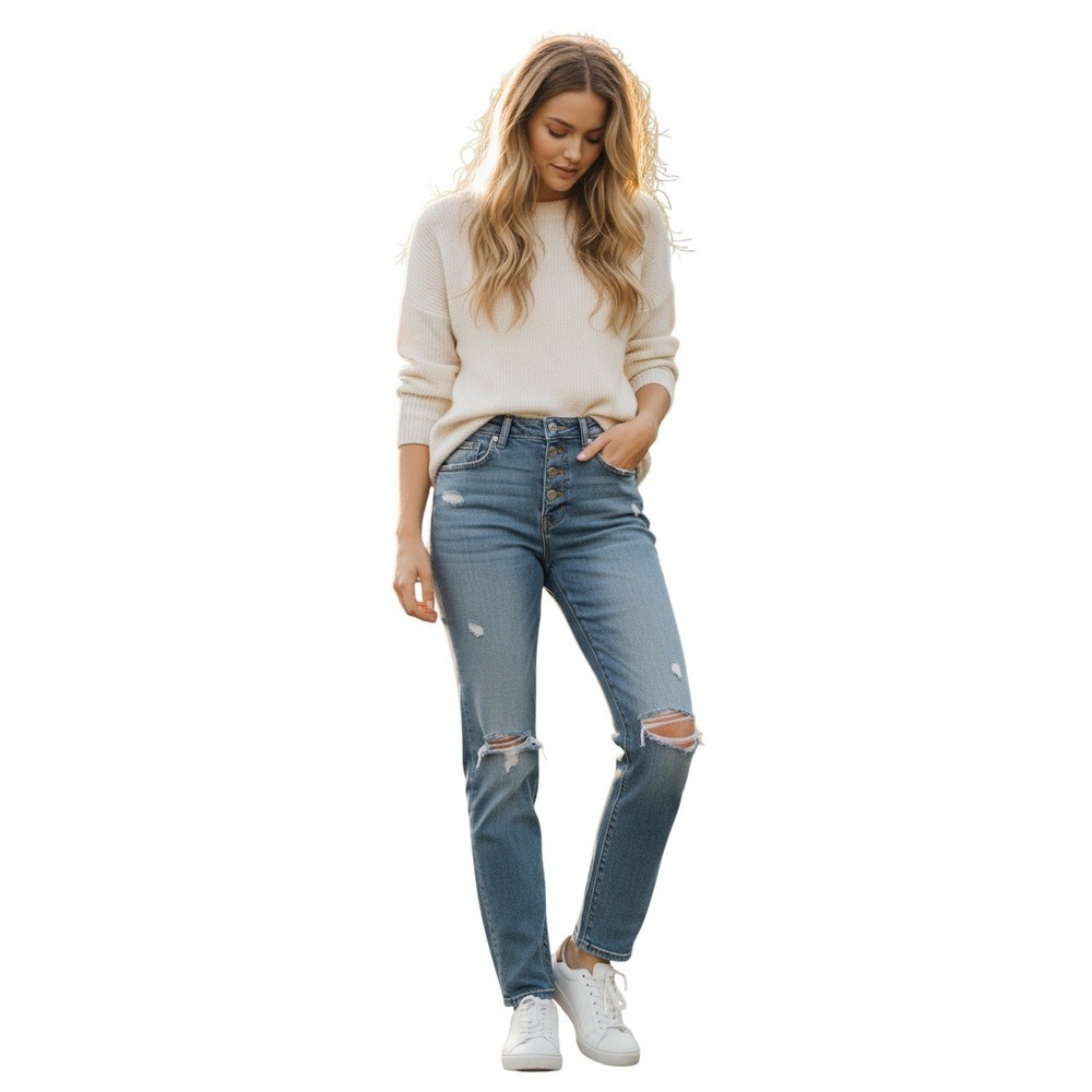 Pistola High Rise Straight Jeans Light Wash Distressed Button Fly Womens 25